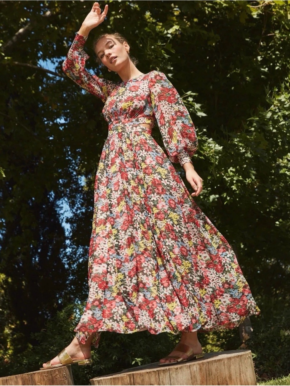 Boden Curved Waist Cutout Multicolor Floral Long Sleeve Maxi Dress